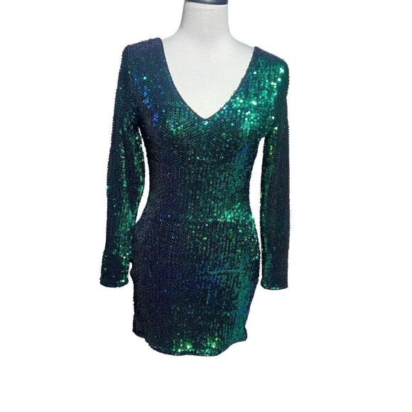 No Brand Dresses & Skirts - Long Sleeve Emerald Sequin Mini Dress Party Bodycon Dress Small